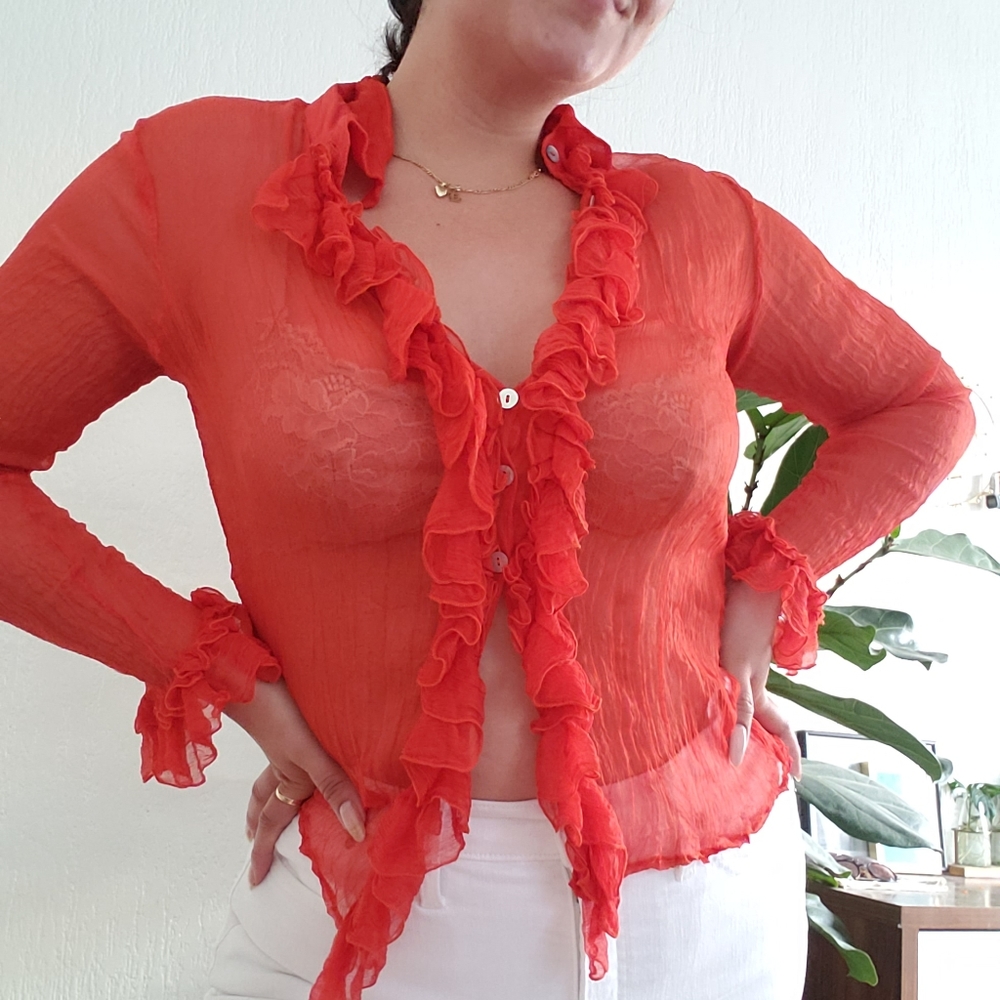 100% Silk Button Up Ruffle Sheer Top - Picture 6 of 6